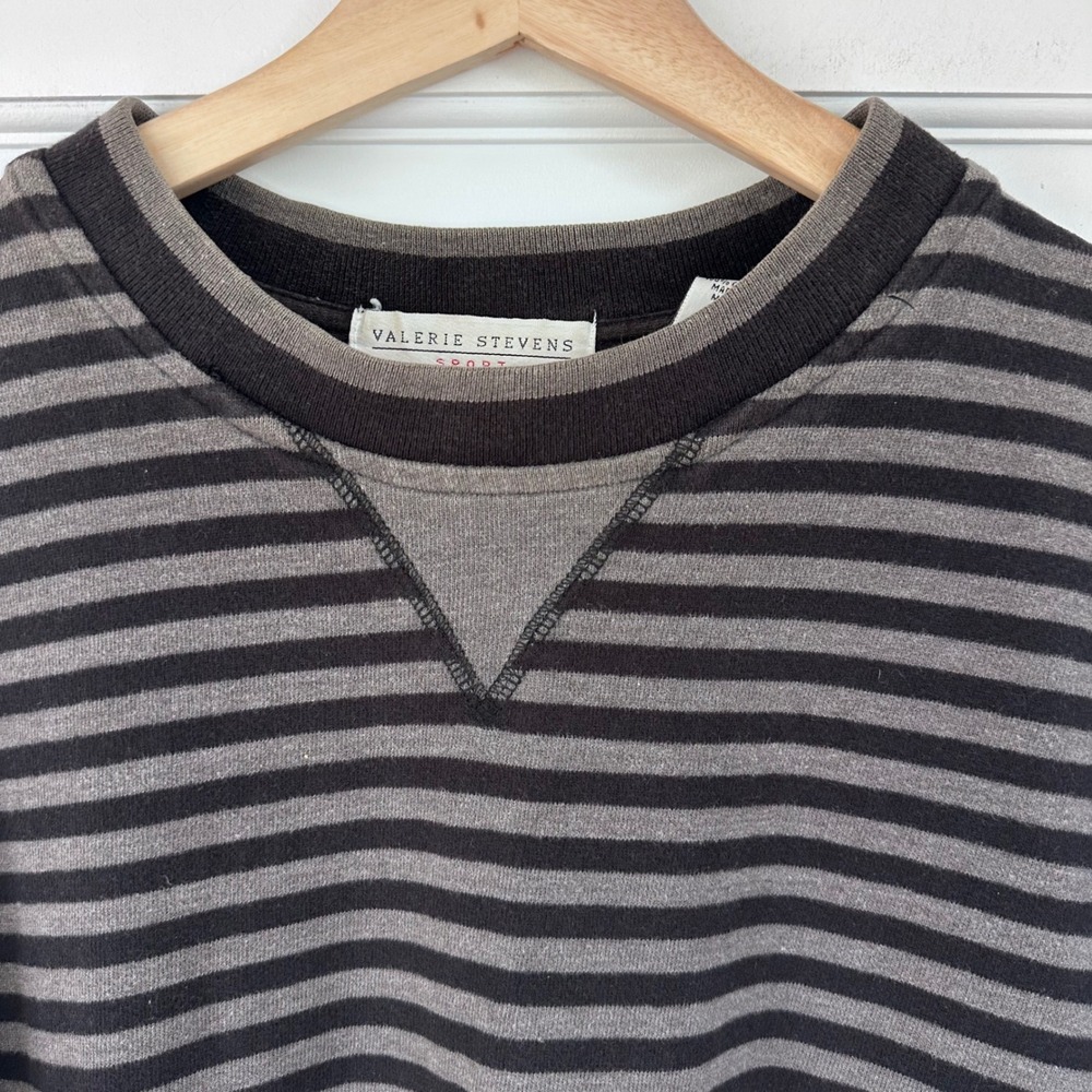 Valerie Stevens Sport 90s Vintage Striped Long Sleeve Cotton Top Grey Black M - Picture 6 of 8
